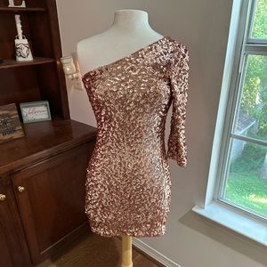 One Shoulder Rose Gold Sequin Dress